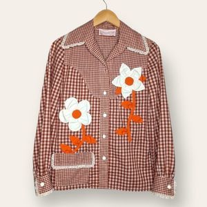 Vintage 60s 3D Cottagecore Country Granny Floral Check Top